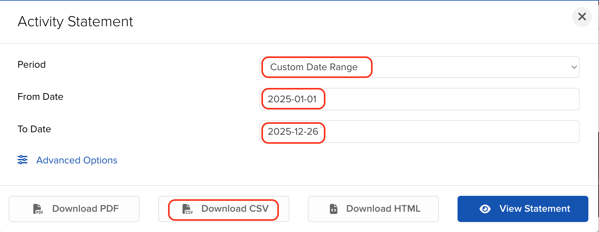 CSV download options